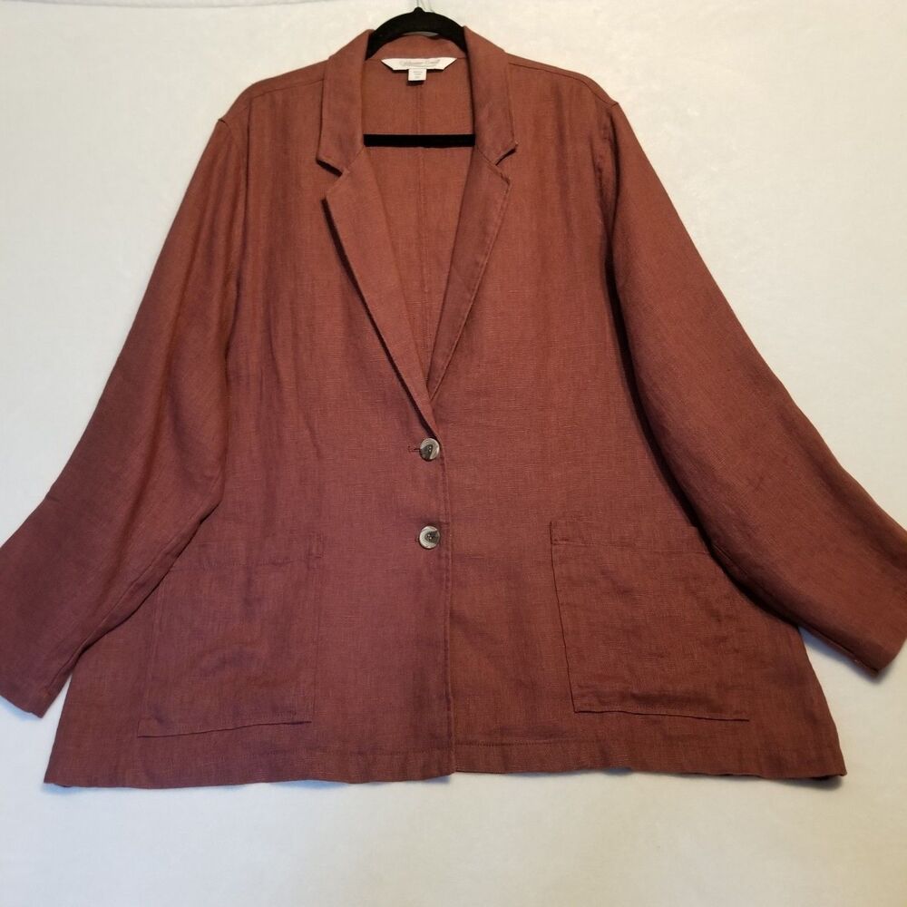 Coldwater Creek 2X Blazer Jacket 100% Linen Red Brown Pockets Lagenlook Coastal